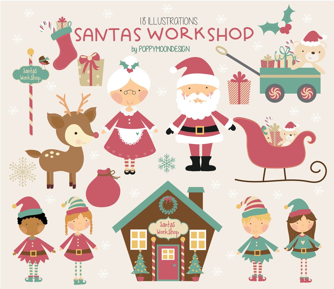 Santas Workshop,elves, Santa, Printable Digital Clipart Set - Etsy