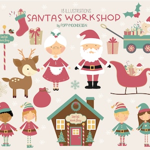 May include: A set of 18 illustrations featuring Santa Claus, Mrs. Claus, elves, reindeer, a sleigh, a workshop, and gifts. The illustrations are in a cartoon style and are perfect for Christmas crafts and decorations.
