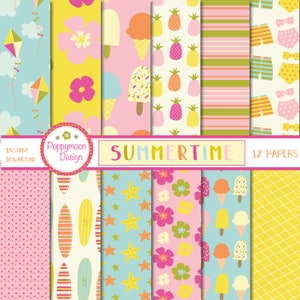 Puede incluir: Un conjunto de 12 papeles digitales con patrones de temática veraniega. Los patrones incluyen piñas, tablas de surf, helados, flores, estrellas y mucho más. Los papeles son perfectos para scrapbooking, creación de tarjetas y otros proyectos de manualidades.