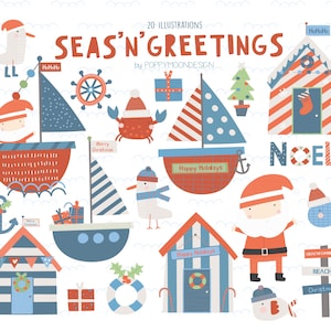 Pode incluir: Um conjunto de 20 ilustrações com um tema natalino náutico. As ilustrações incluem o Papai Noel, um veleiro, um farol, um caranguejo, uma gaivota, um salva-vidas, uma árvore de Natal e uma placa que diz "Seas'n'Greetings".