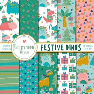 Festive Dinos, christmas Dinosaurs, printable digital paper pack