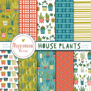 Padrões de plantas caseiras, plantas caseiras, botânico, pacote de papel digital, papel para scrapbook