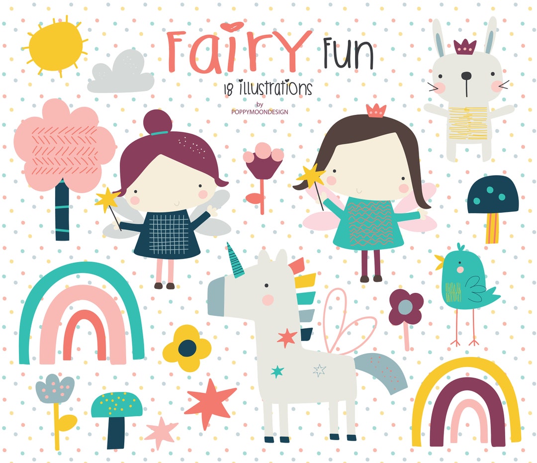 Cute Fairy Unicorn Clipart Bundle, Whimsical Rainbow & Flower PNG Set ...
