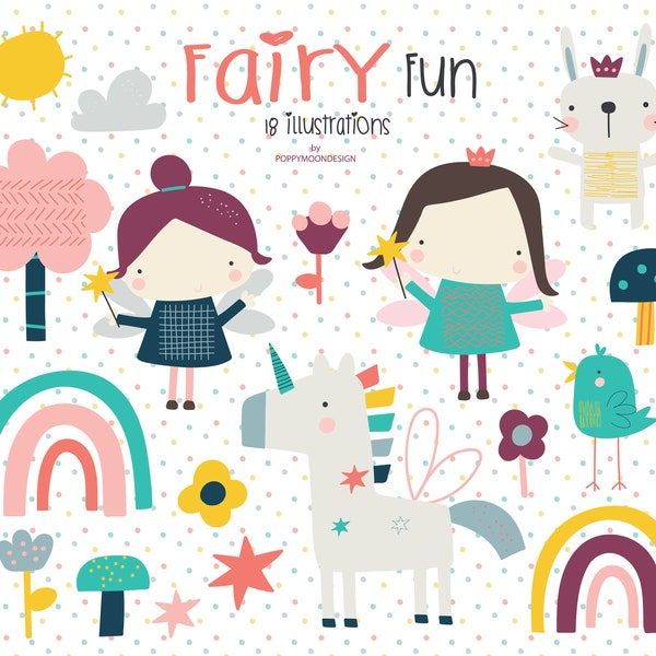 Fairy Fun, fairies and unicorn , printable digital clipart set