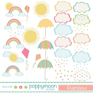 Rainbow, clouds kites and umbrella,  printable digital clipart set.