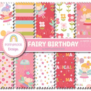 Délice magique du pays des fées : paquet de papier à motifs de fées de jardin d'anniversaire vibrantes, paquet de papier numérique