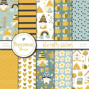 Könnte beinhalten: Ein Set mit 10 digitalen Papierdesigns mit Gnomen, Bienen, Honigwaben, Herzen und Blumen in Gelb, Blau und Weiß. Die Papiere sind 30,5 cm x 30,5 cm groß und perfekt zum Basteln und Scrapbooking.