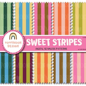 Peut inclure: Ensemble de motifs numériques sans couture avec des rayures verticales de différentes couleurs, notamment vert, bleu, rose et orange. Les motifs sont intitulés "Sweet Stripes" et sont conçus par PoppyMoon Design.