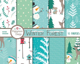 May include: A set of 10 digital papers featuring winter forest themes. The papers include patterns of snowmen, deer, trees, birds, and snowflakes in shades of blue, green, and white. The text "Winter Forest" and "10 Papers" is included in the image.