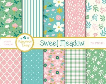 Sweet Meadow, pink and green spring, pattern papers, digital paper pack