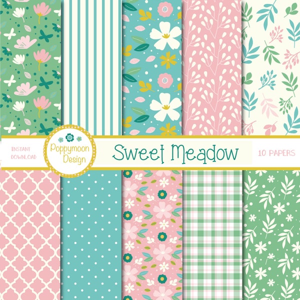 Sweet Meadow, pink and green spring, pattern papers, digital paper pack