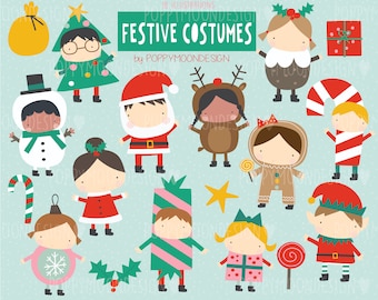 Festive costumes, Holiday, Christmas, dress up, digital printable clipart