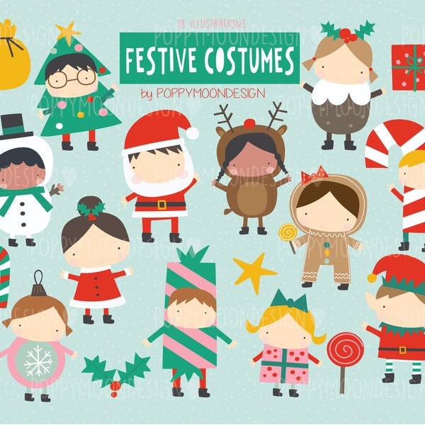 Festive costumes, Holiday, Christmas, dress up, digital printable clipart