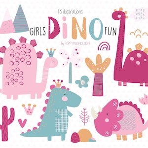 Meninas Dino divertidas, dinossauros, conjunto de clipart digital para impressão