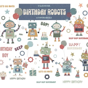 Pode incluir: Um conjunto de 32 ilustrações com robôs fofinhos em várias poses e segurando itens temáticos de aniversário. As ilustrações são em um estilo de desenho animado colorido com um toque retrô. O texto "Birthday Robots" aparece na imagem.