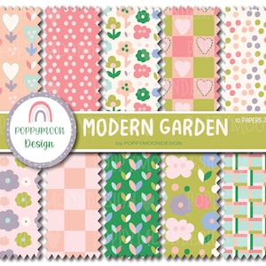 May include: A set of 10 digital paper designs featuring a modern garden theme. The papers feature various patterns including polka dots, gingham, hearts, and flowers in pink, green, and white.