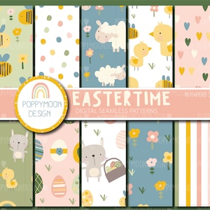 Peut inclure: Un ensemble de 10 motifs numériques sans couture mettant en scène des illustrations sur le thème de Pâques. Les motifs comprennent une variété de couleurs et de designs, tels que le rose pastel, le jaune, le bleu et le vert. Les illustrations comprennent des lapins, des poussins, des agneaux, des œufs, des fleurs et des abeilles.