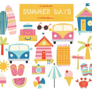 Images numériques Beach Getaway - Clipart été avec cabines de plage, crème glacée, planches de surf, soleil
