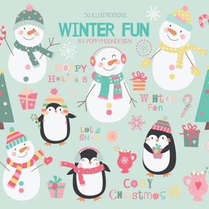 Conjunto de clipart digital para impressão de diversão de inverno, bonecos de neve e pinguins