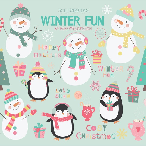 Winter fun,snowmen and penguins printable digital clipart set