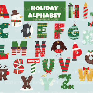 Alfabeto de férias, letras festivas, clipart digital para impressão