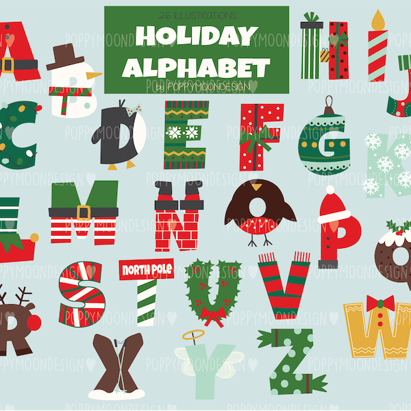 Holiday Alphabet, festive letters, digital printable clipart