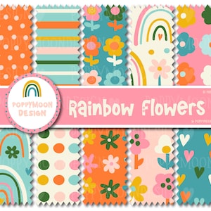 May include: A collection of colorful digital papers with a rainbow and floral theme. The papers feature patterns of polka dots, stripes, rainbows, and flowers in shades of orange, teal, pink, and white. The text "Rainbow Flowers" is displayed on a pink banner.