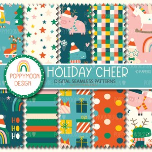 May include: A set of 10 digital seamless patterns featuring a variety of holiday themes, including a unicorn, a reindeer, a dinosaur, a snowman, a Christmas tree, and a gift box. The patterns are in a variety of colors, including red, green, blue, and white. The patterns are perfect for use in scrapbooking, card making, and other craft projects.