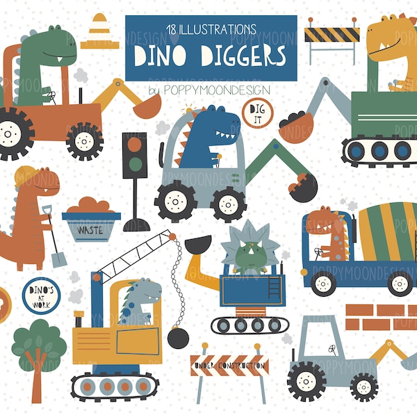 Dino Diggers, Dinosaurios, juego de imágenes prediseñadas digitales imprimibles