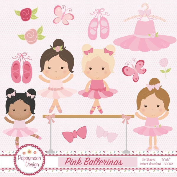 Pink ballerinas, ballet shoes and roses, commercial and personal use, digital clip art set