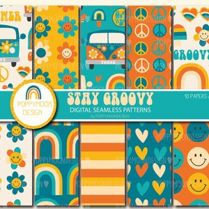 Stay Groovy, retro,flower power, printable seamless digital paper pack