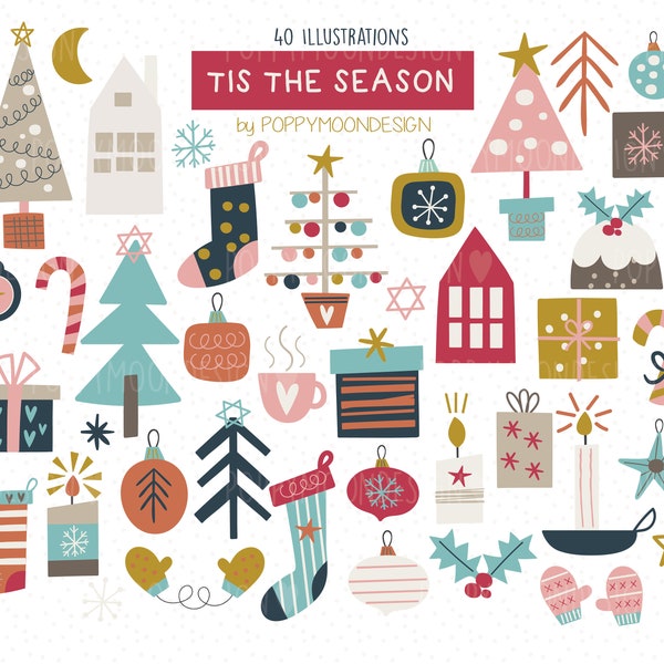 Tis the season clipart, christmas illustrations, printable digital clipart set