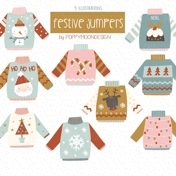 Festive Jumpers,Christmas, Holiday illustrations, printable digital clipart set