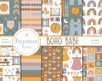 Boho Babe, bohemian nursery, new baby , digital paper pack, scrapbook paper