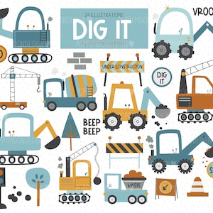 DIG IT, excavatrices, camions, bulldozers, transport, ensemble de cliparts numériques imprimables