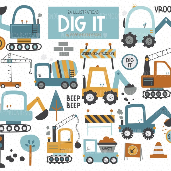 DIG IT, diggers, trucks, bulldozers, transport , printable digital clipart set