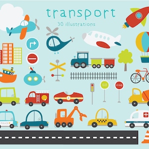 Transporte, veículos, meninos, conjunto de clipart digital