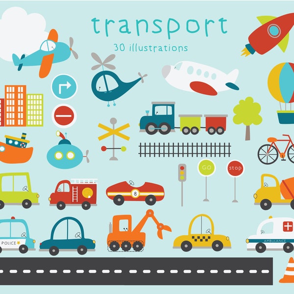 Transport, véhicules, garçons, clip art numérique