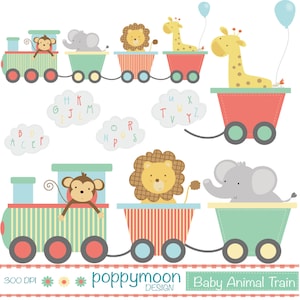 Puede incluir: Un tren colorido con personajes de animales. El tren tiene una locomotora verde con un mono conductor, seguido de un vagón azul con un elefante, un vagón rojo con un león, un vagón rojo con una jirafa y un vagón rojo con una jirafa. El tren está sobre un fondo blanco con nubes de alfabeto.