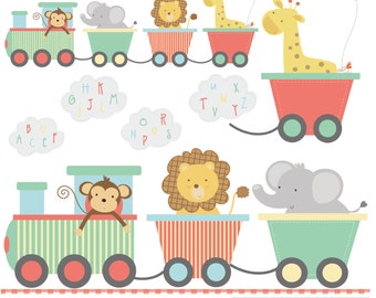 Baby animal train, with alphabet smoke, printable digital clipart set