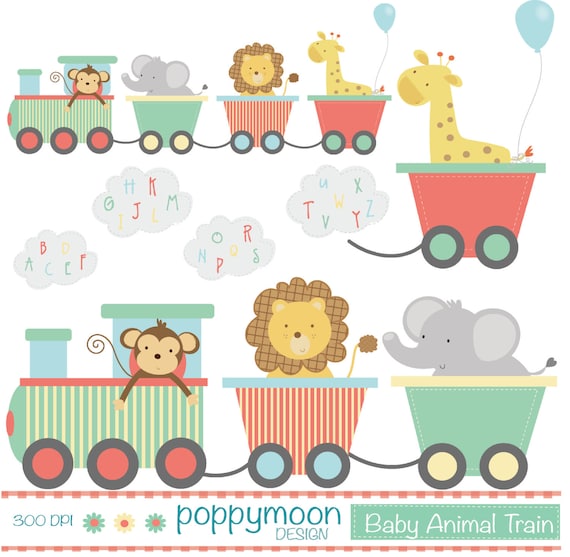 Baby animal train, with alphabet smoke, printable digital clipart set