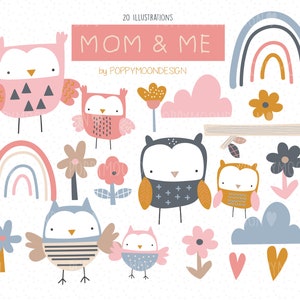 Pacote de coruja Mom & Me, mamãe, conjunto de clipart digital para impressão
