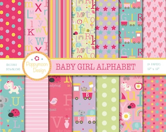 Baby Girl Alphabet, baby shower, new baby, birthday ,printable digital paper pack