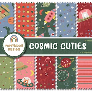 May include: A digital collection of ten patterned papers titled Cosmic Cuties by PoppyMoonDesign. The designs feature space-themed illustrations including rockets, planets, stars, UFOs with aliens, and geometric patterns in red, green, and blue.