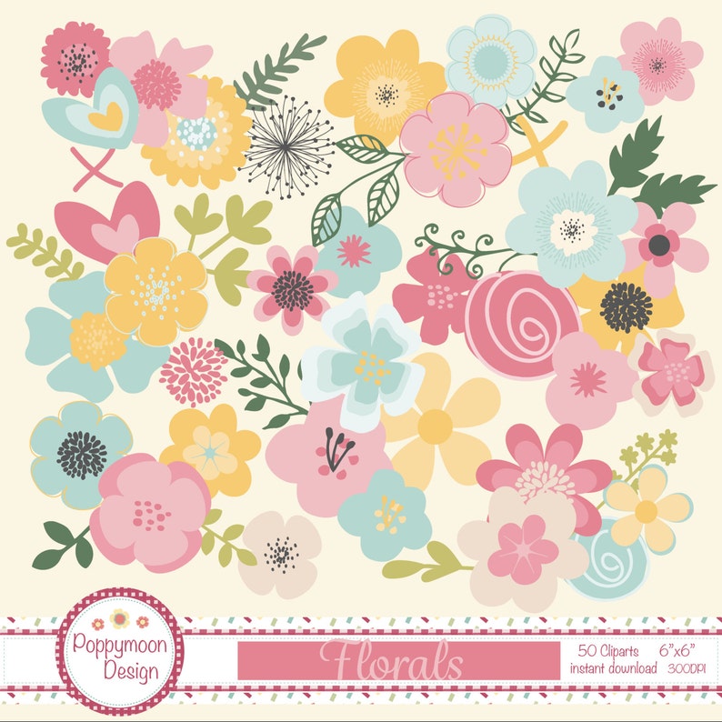 May include: A digital clipart set of 50 floral illustrations in various pastel colors, including pink, yellow, blue, and green. The illustrations are perfect for crafting, scrapbooking, and digital design projects. The text "Florals" is included in the image.