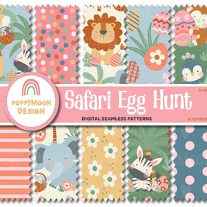 Puede incluir: Un conjunto de patrones digitales sin costuras titulado "Safari Egg Hunt" con varios diseños de animales y huevos de Pascua. Los patrones incluyen jirafas, cebras, leones, elefantes y monos, con una paleta de colores rosa pastel, azul y amarillo.