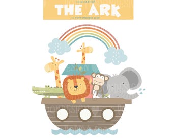 Whimsical Noah's Ark Animals and Rainbow Clipart image