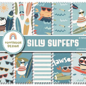 May include: A set of 10 digital papers featuring silly surfers, including a penguin, a crab, and a seagull. The papers are in a blue and white colour scheme with a variety of patterns, including stripes, polka dots, and waves. The papers are perfect for scrapbooking, card making, and other craft projects.