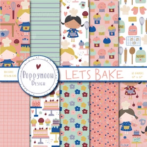 May include: A set of 10 digital papers featuring a baking theme. The papers include illustrations of cupcakes, cakes, and children wearing chef hats. The papers are in pink, blue, green, and white with polka dots, stripes, and floral patterns. The text "LETS BAKE" is included in the image.