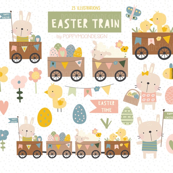 Easter Train, Spring, digital printable clipart set